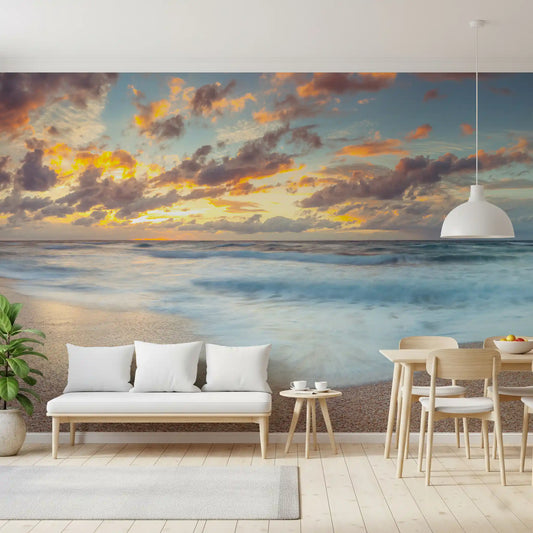 Sunset shoreline with white surf over wet golden sand wall mural GD11396