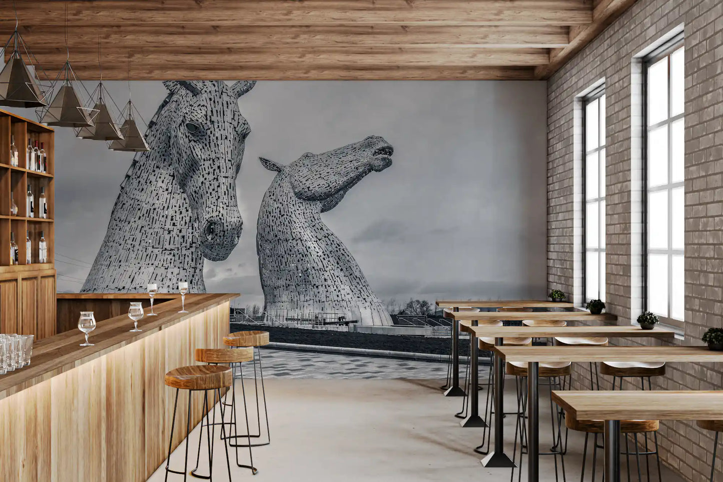 Metallic Horse Heads Architectural View Wall Mural