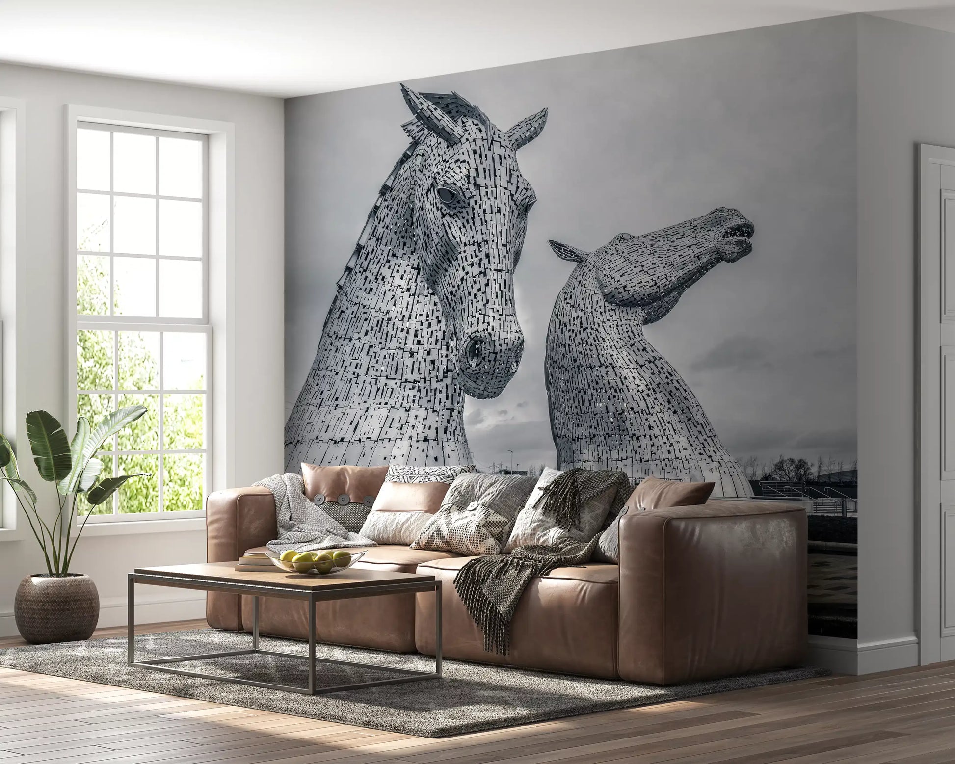 Metallic Horse Heads Architectural View Wall Mural