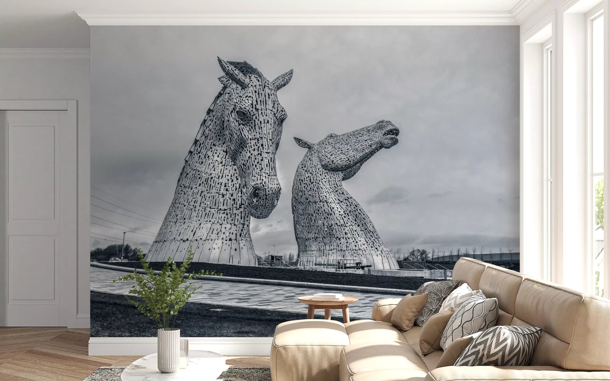 Metallic Horse Heads Architectural View Wall Mural