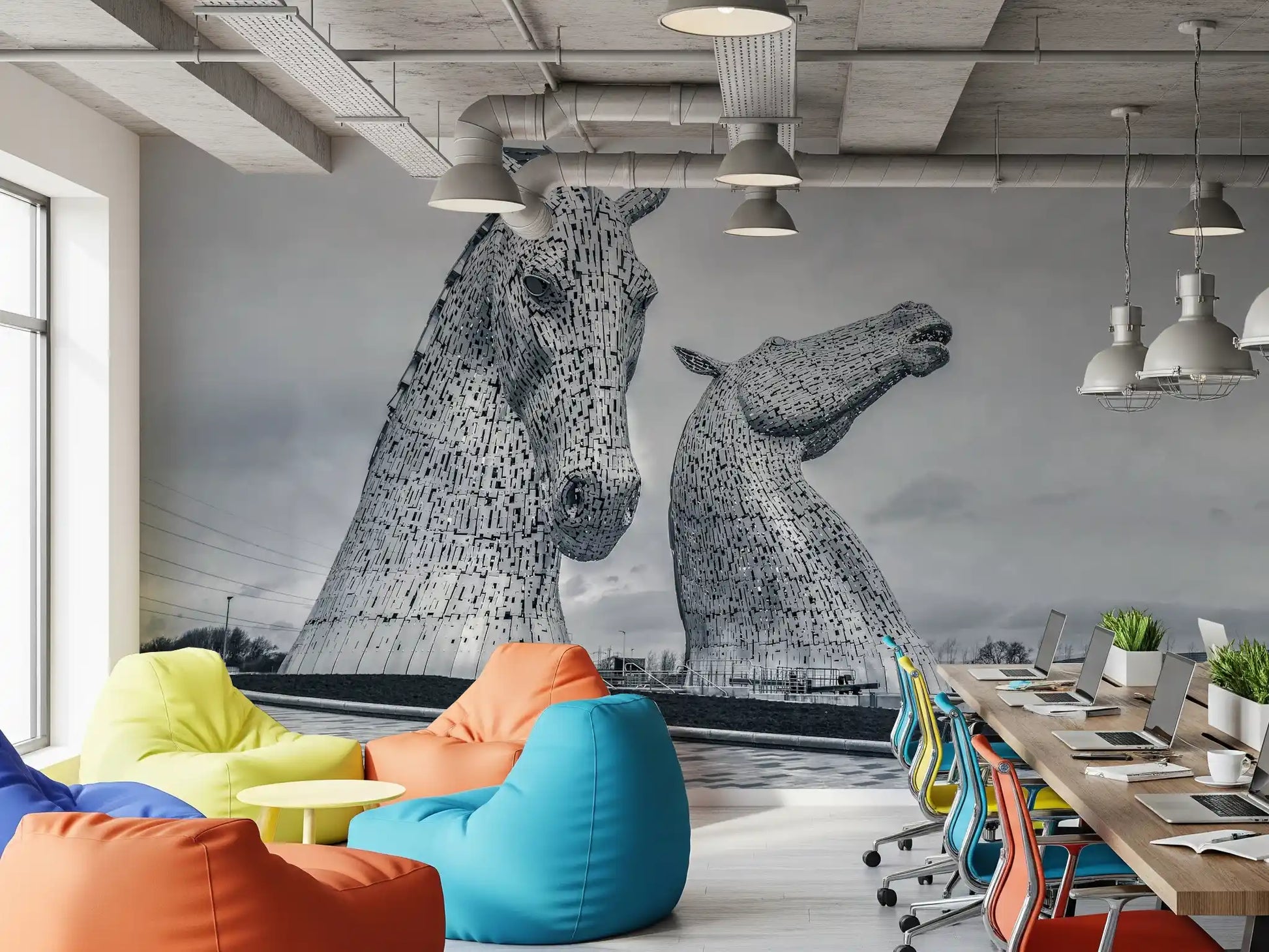 Metallic Horse Heads Architectural View Wall Mural