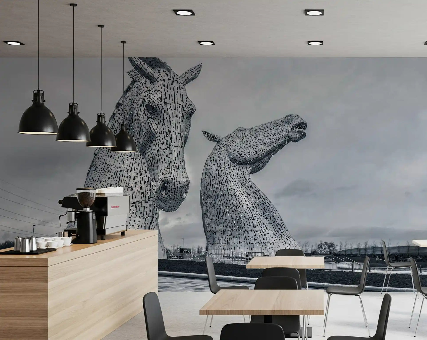 Metallic Horse Heads Architectural View Wall Mural
