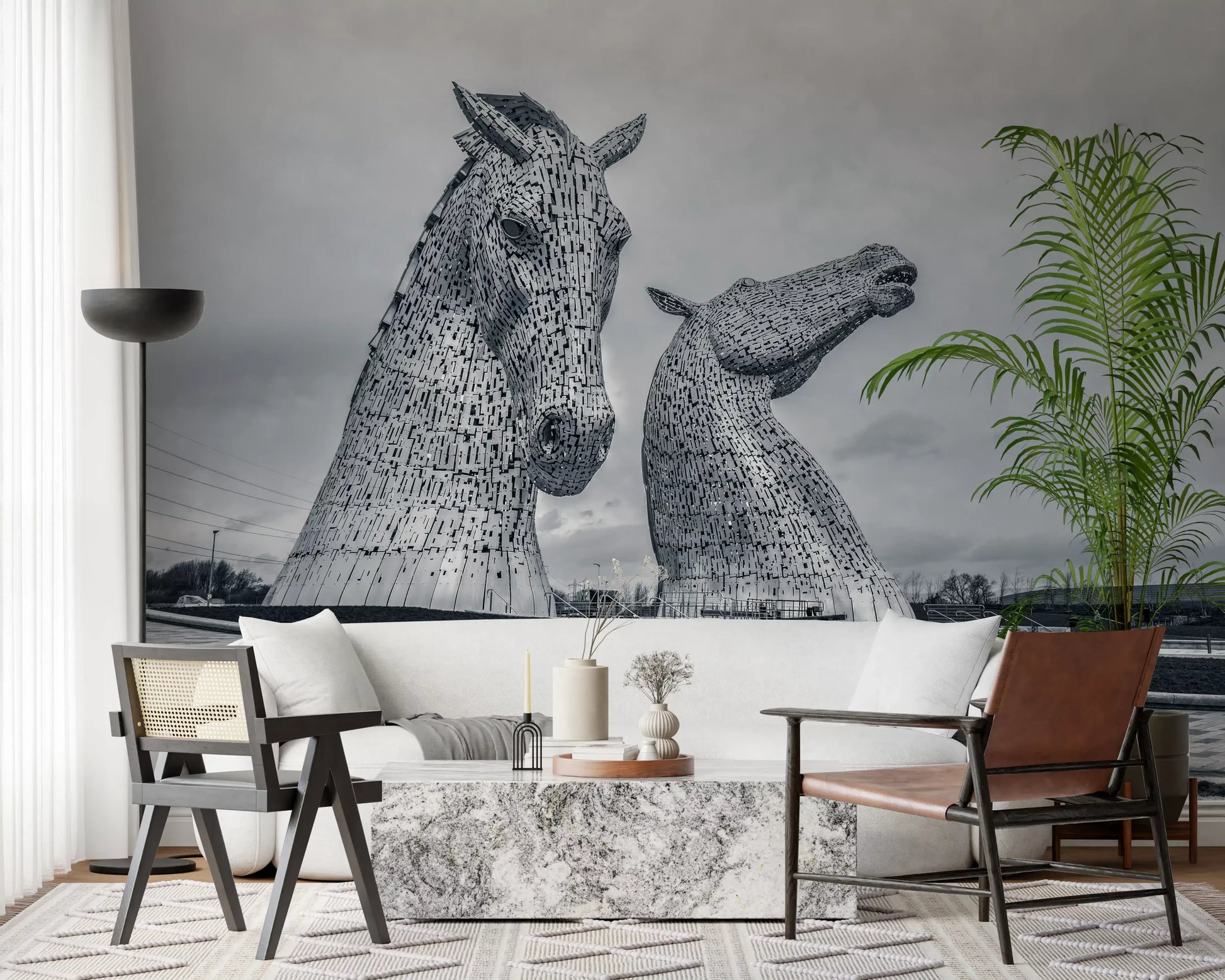 Metallic Horse Heads Architectural View Wall Mural