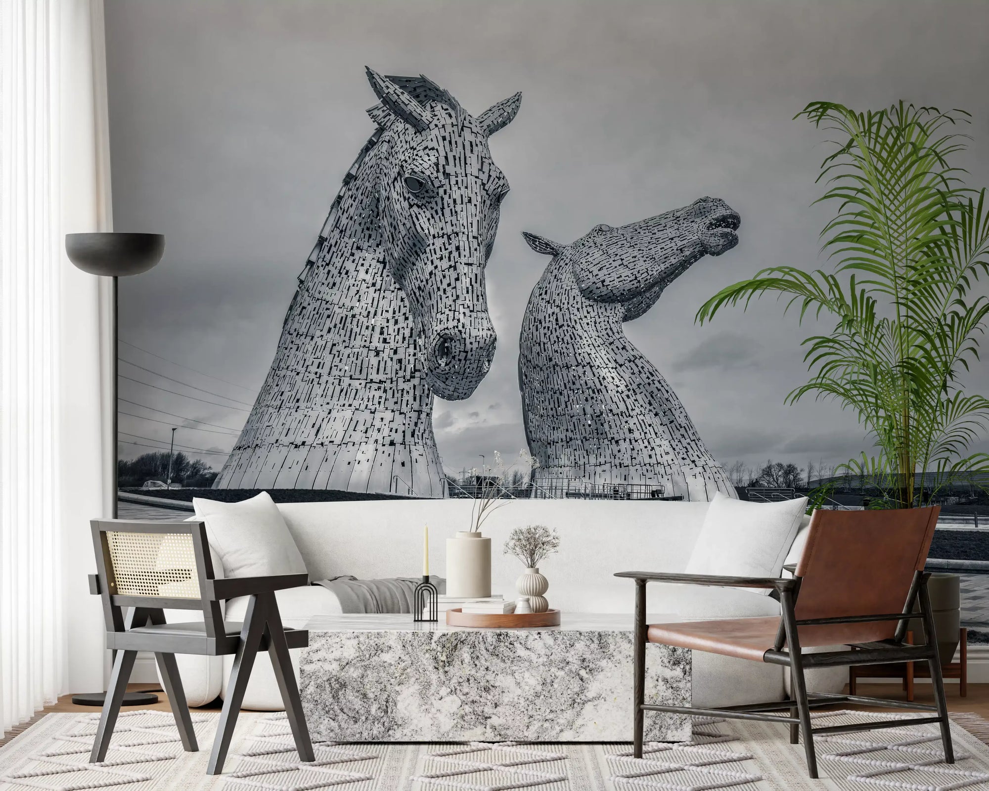 Living room feature wall with metallic horse heads mural GD11398