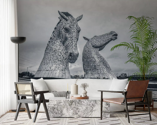 Living room feature wall with metallic horse heads mural GD11398