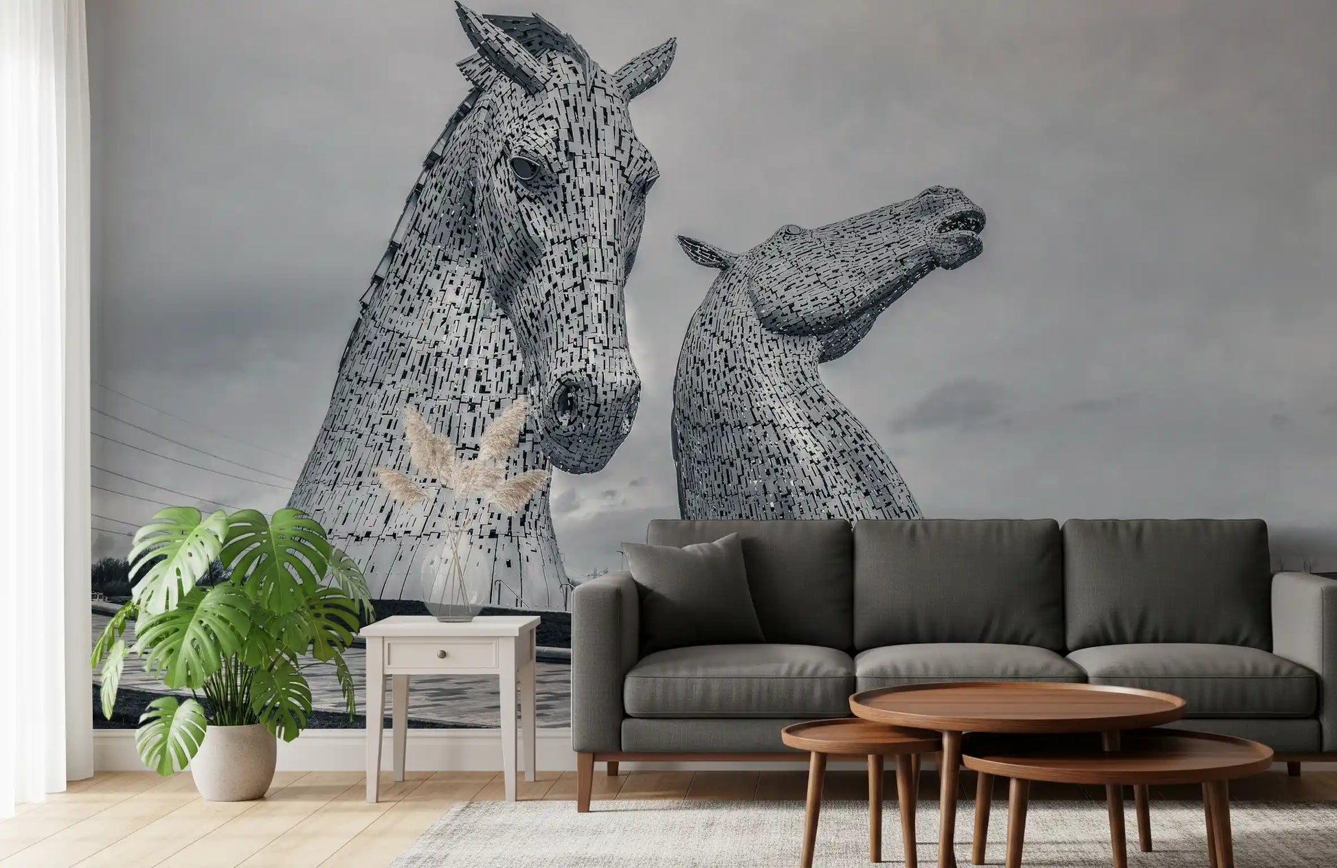 Metallic Horse Heads Architectural View Wall Mural