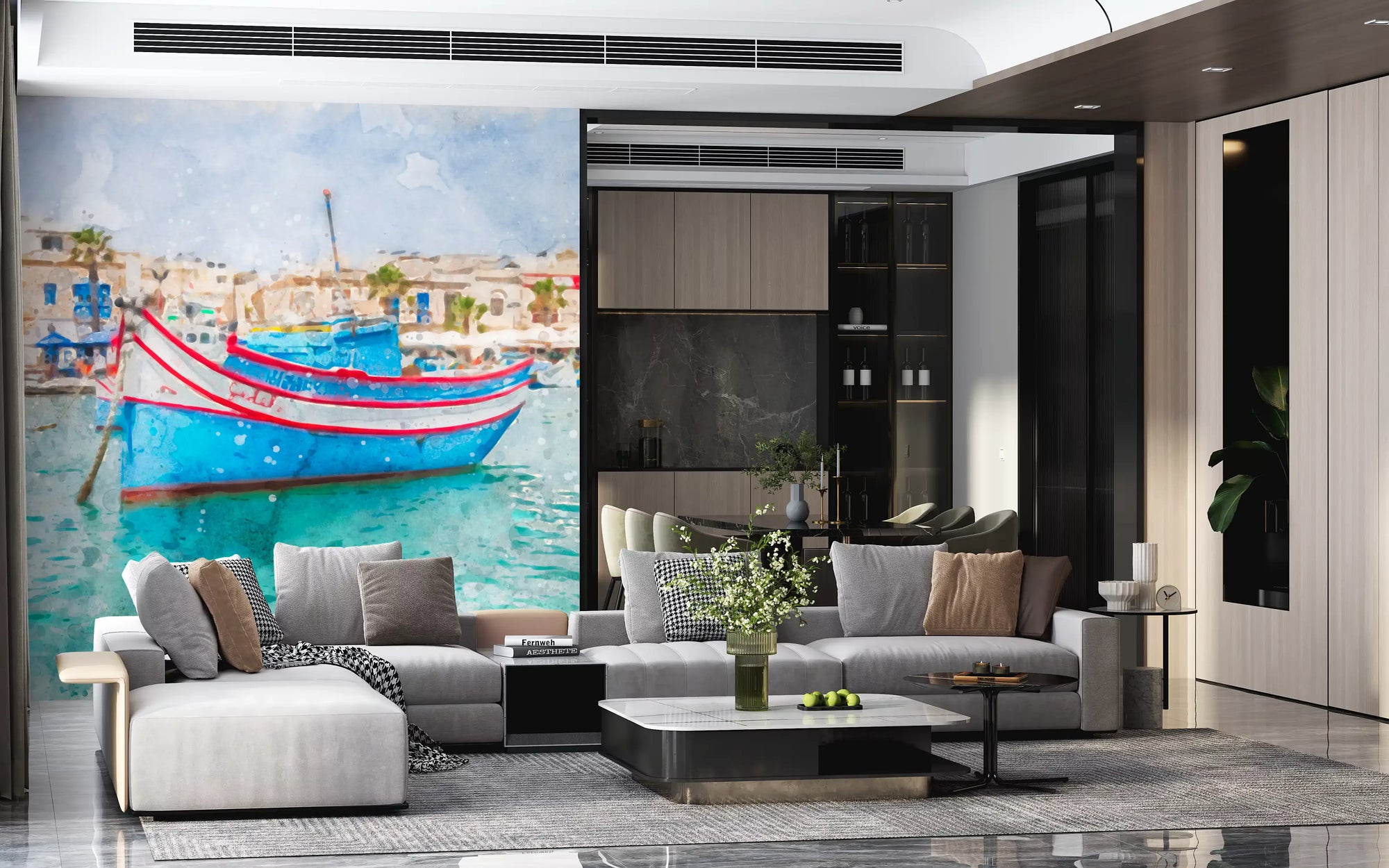 Blue fishing boat wall mural with red and white hull stripes on turquoise water GD11399