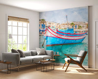 Sun-Drenched Coastal Fishing Vessel Wall Mural