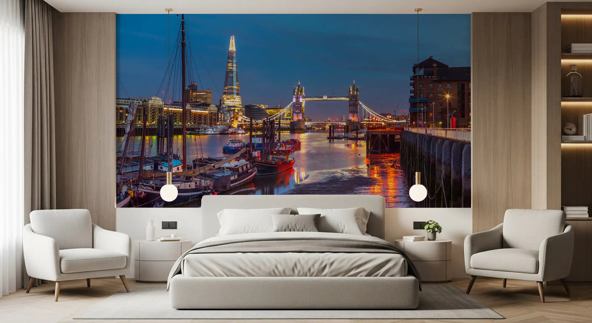 Riverside architecture wall mural with a lit suspension bridge at dusk GD11401