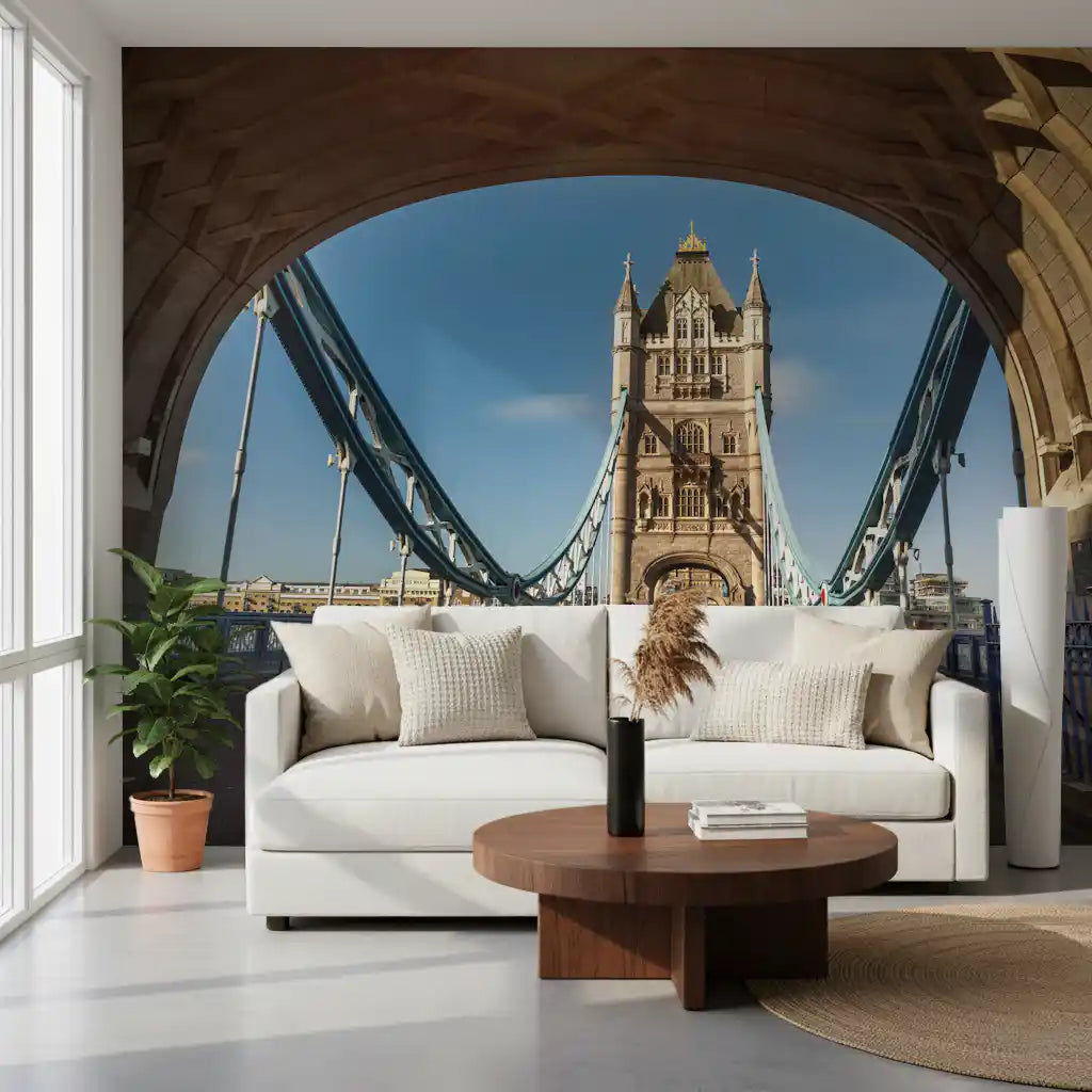 River crossing archway wall mural with a stone arch and gothic tower GD11403