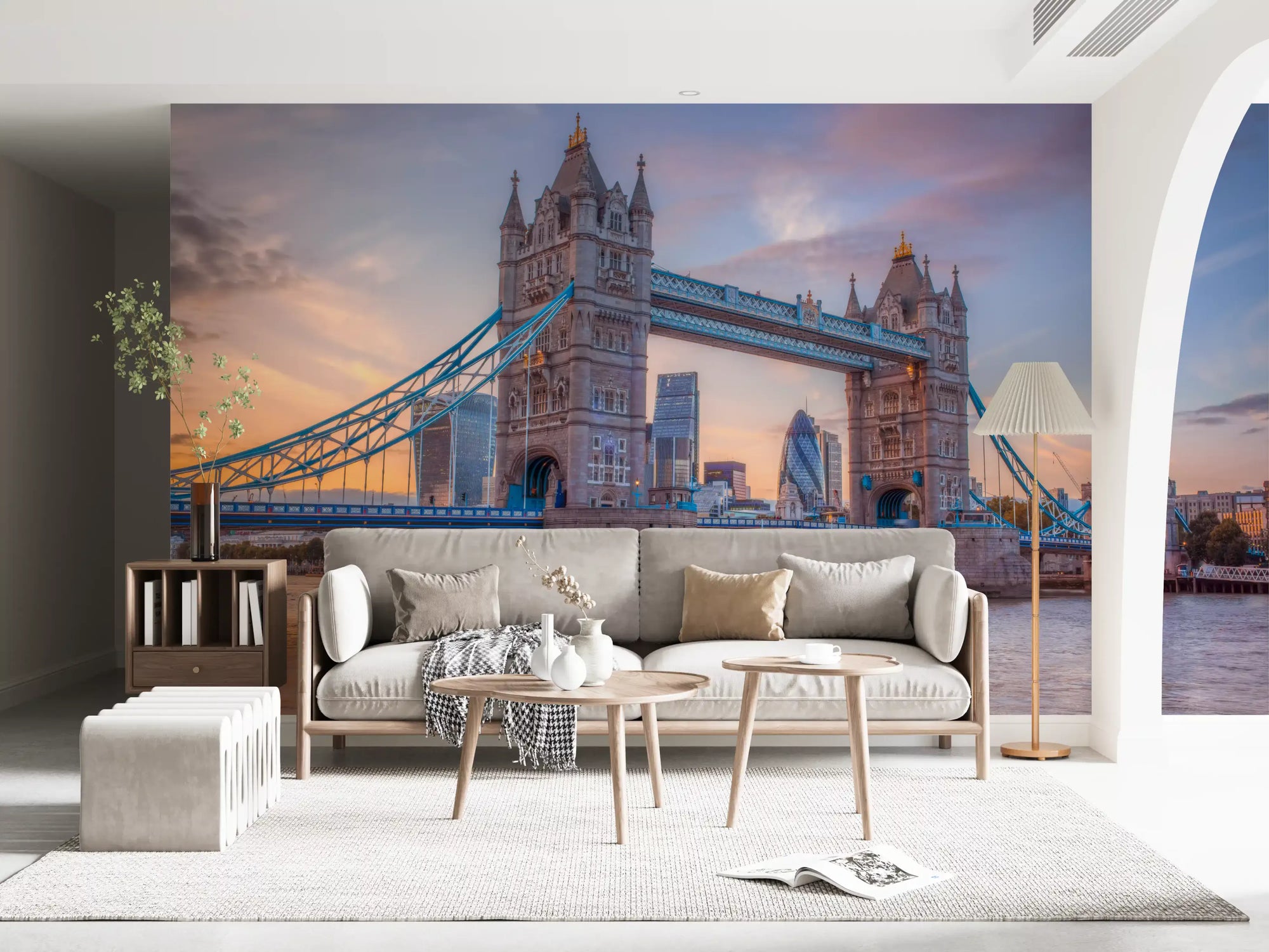 Gothic bridge silhouette wall mural with twin stone towers over a river in living room GD11405