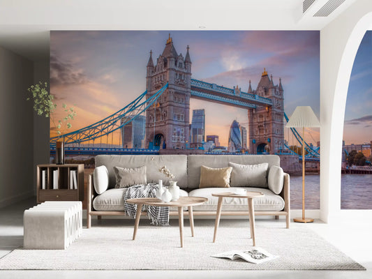 Gothic bridge silhouette wall mural with twin stone towers over a river in living room GD11405