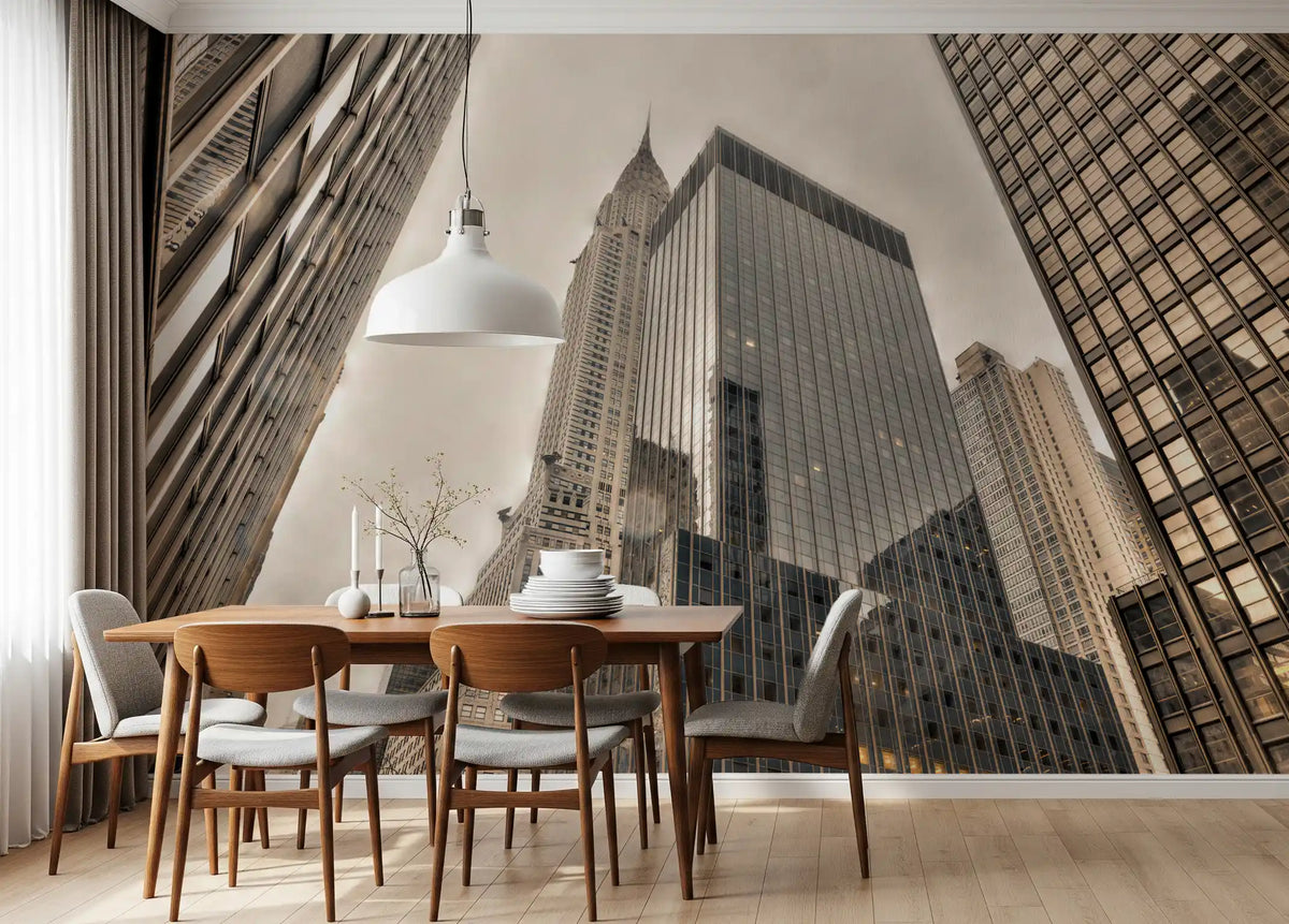 Architectural heights wall mural with glass towers rising into grey sky in dining room GD11407