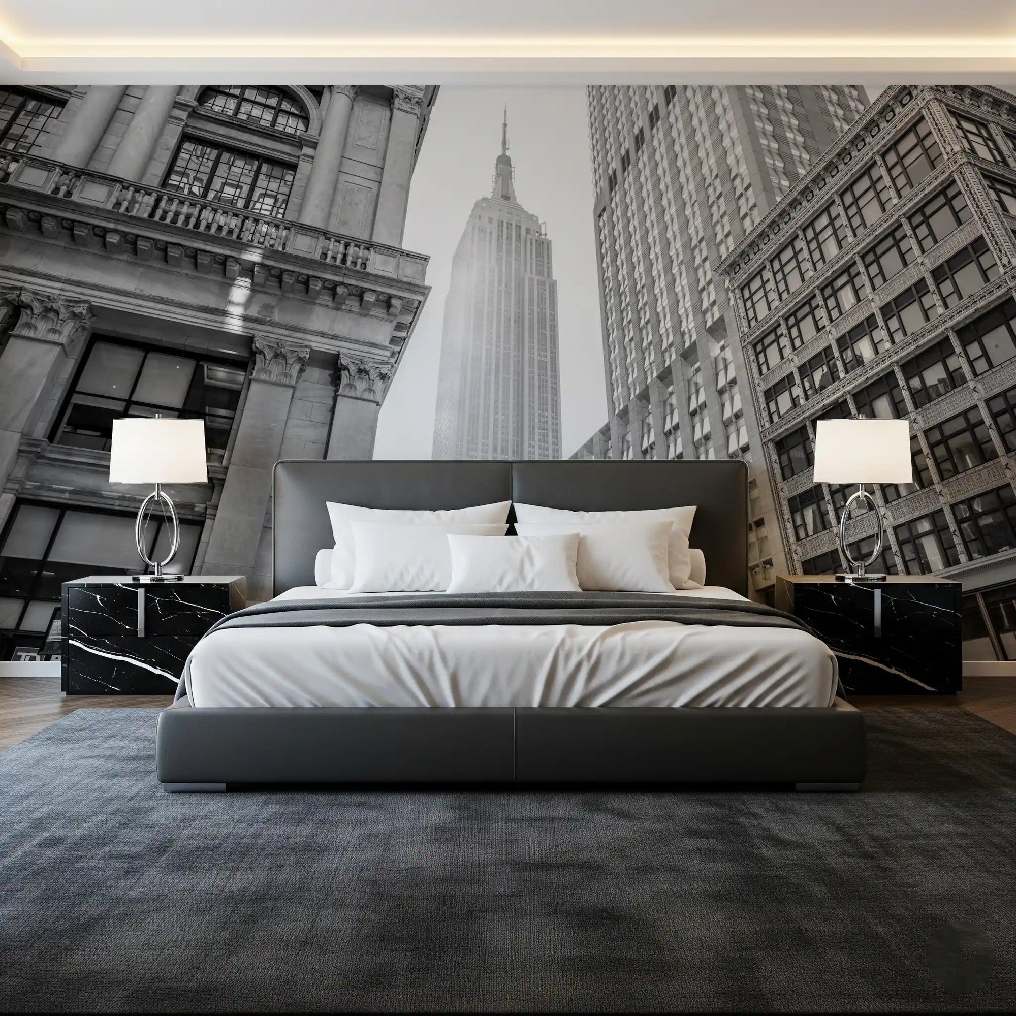 Grey urban heights architectural view wall mural with tall city towers in bedroom GD11409