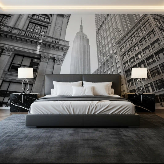 Grey urban heights architectural view wall mural with tall city towers in bedroom GD11409