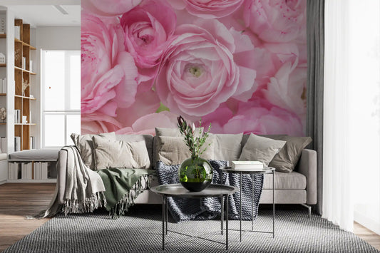Soft pink ranunculus bloom wall mural with layered blush petals GD11411