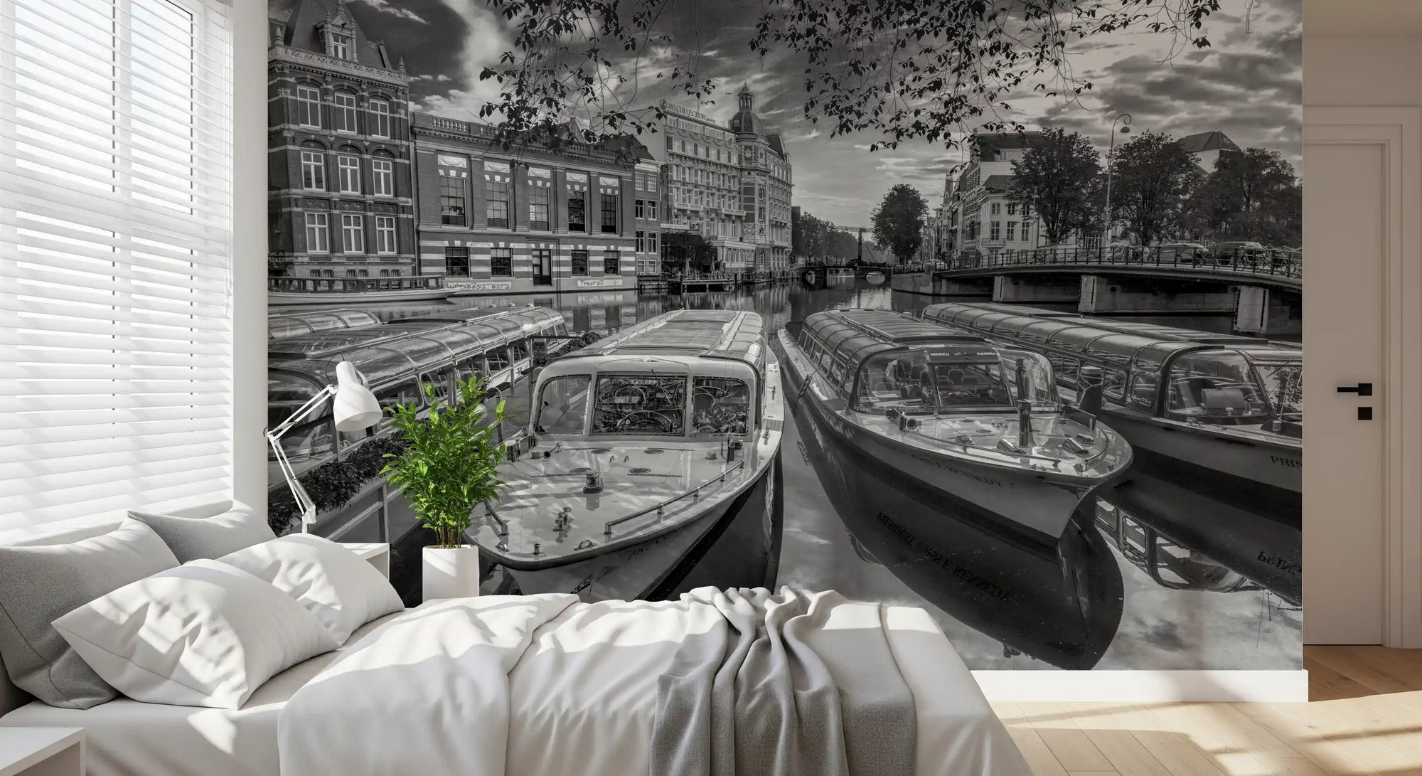 Historic waterway wall mural with moored boats and gabled townhouses in bedroom GD11412