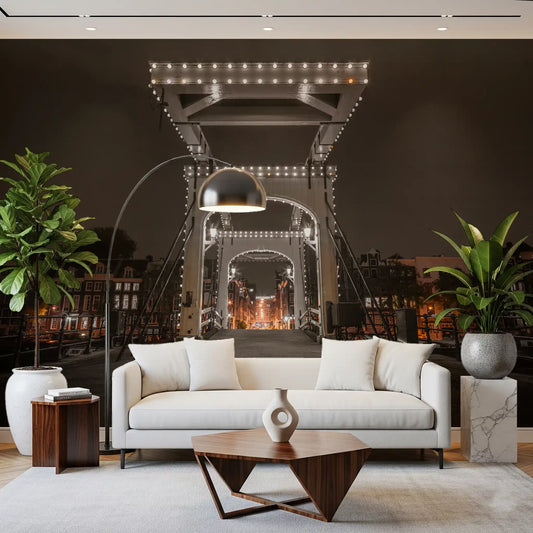 Illuminated canal crossing wall mural with a lit white timber bridge in living room GD11413