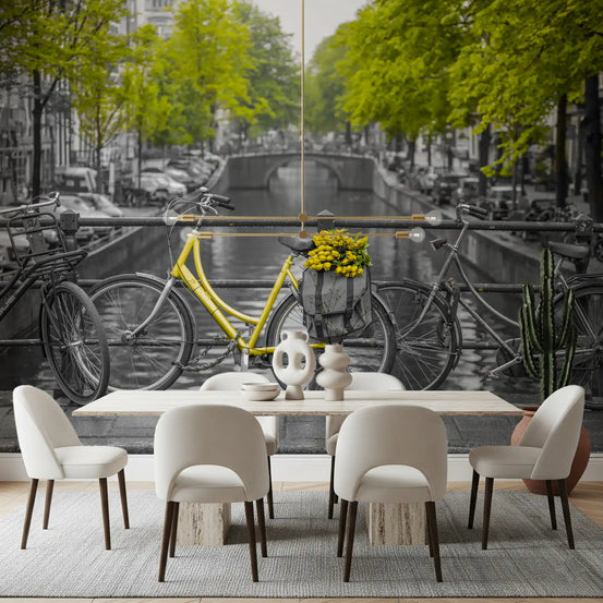 Sunny tulips on a bridge wall mural with a yellow bicycle and railing in dining room GD11414