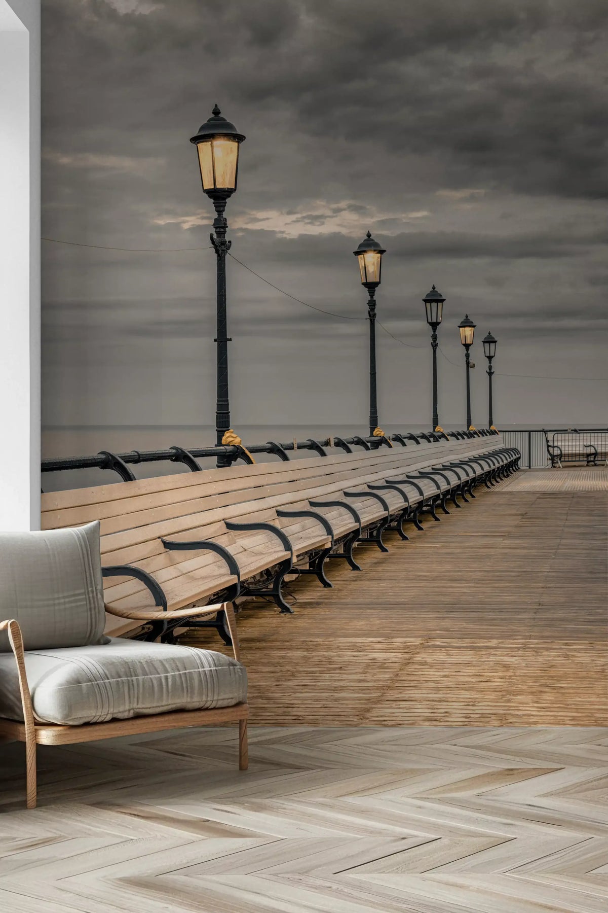 Evening boardwalk perspective wall mural with lit lamp posts and benches GD11415