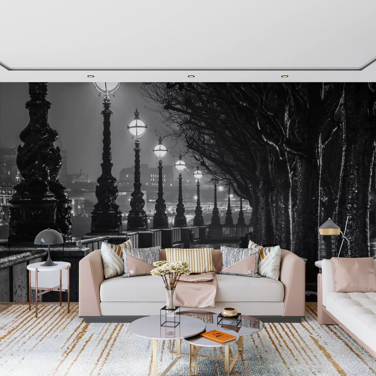 Urban rain reflections wall mural with globe lanterns and wet paving in living room GD11416