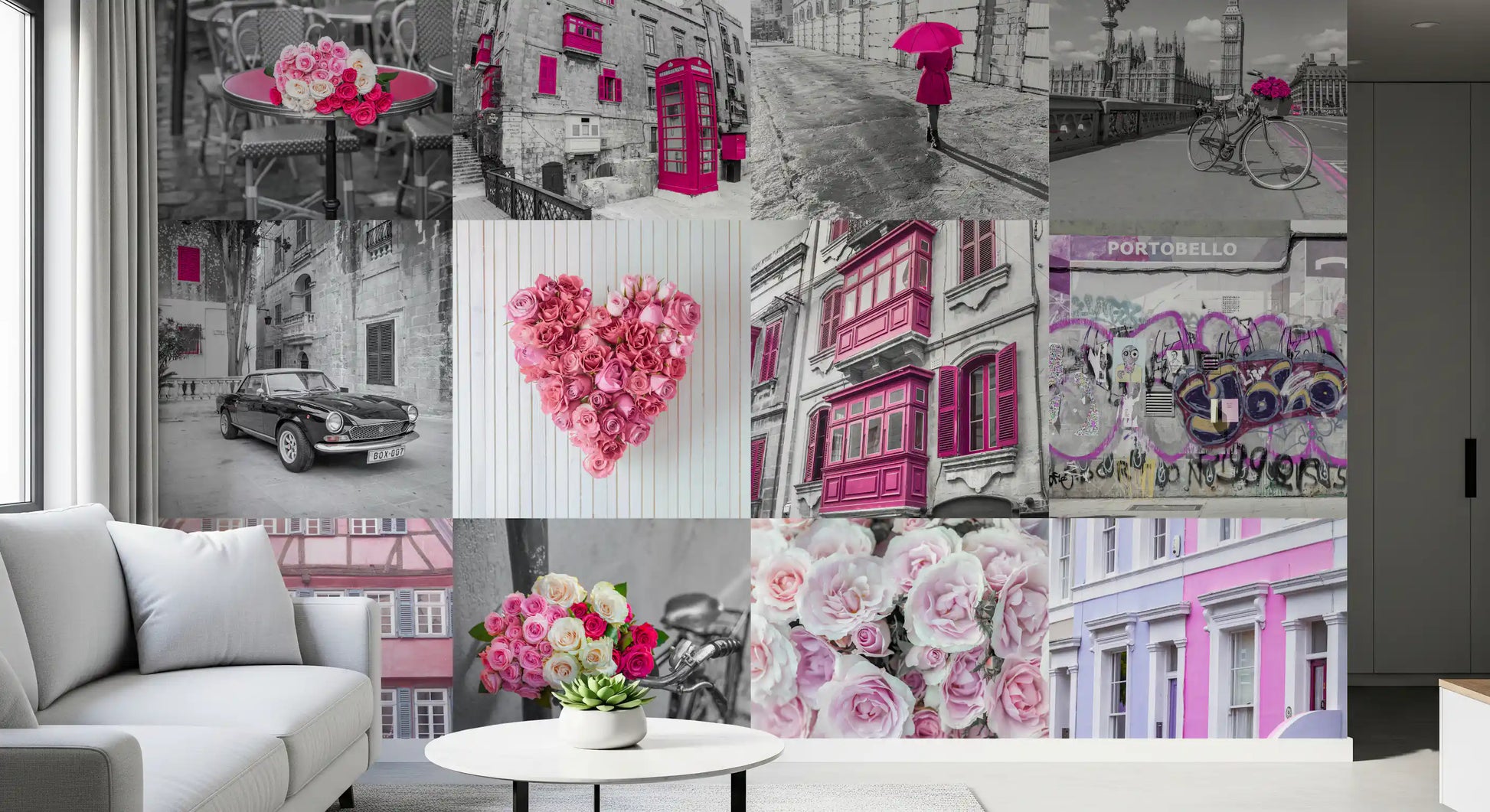 Monochrome Rose Cityscape Fusion Wall Mural
