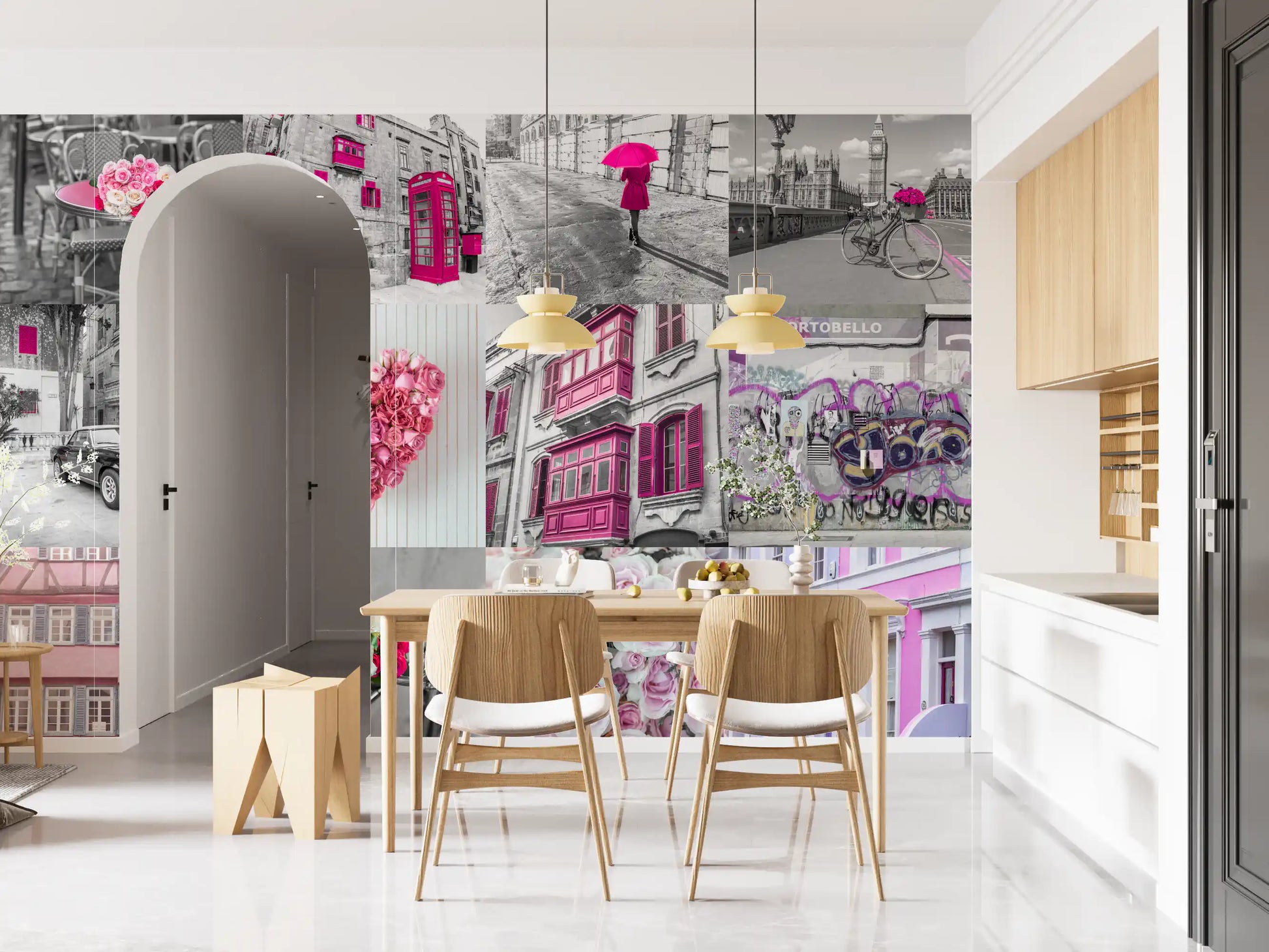 Monochrome Rose Cityscape Fusion Wall Mural