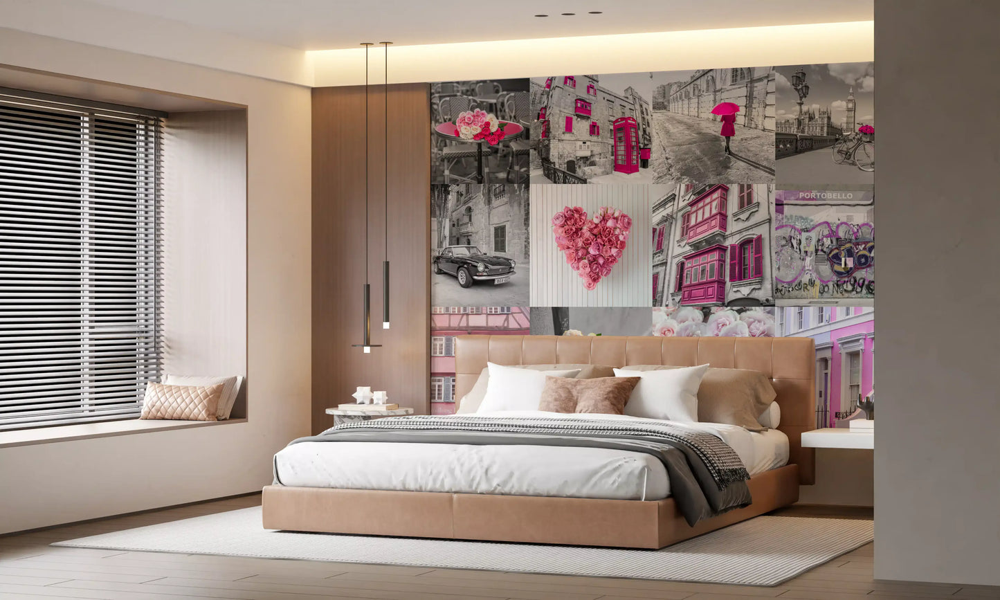 Monochrome Rose Cityscape Fusion Wall Mural