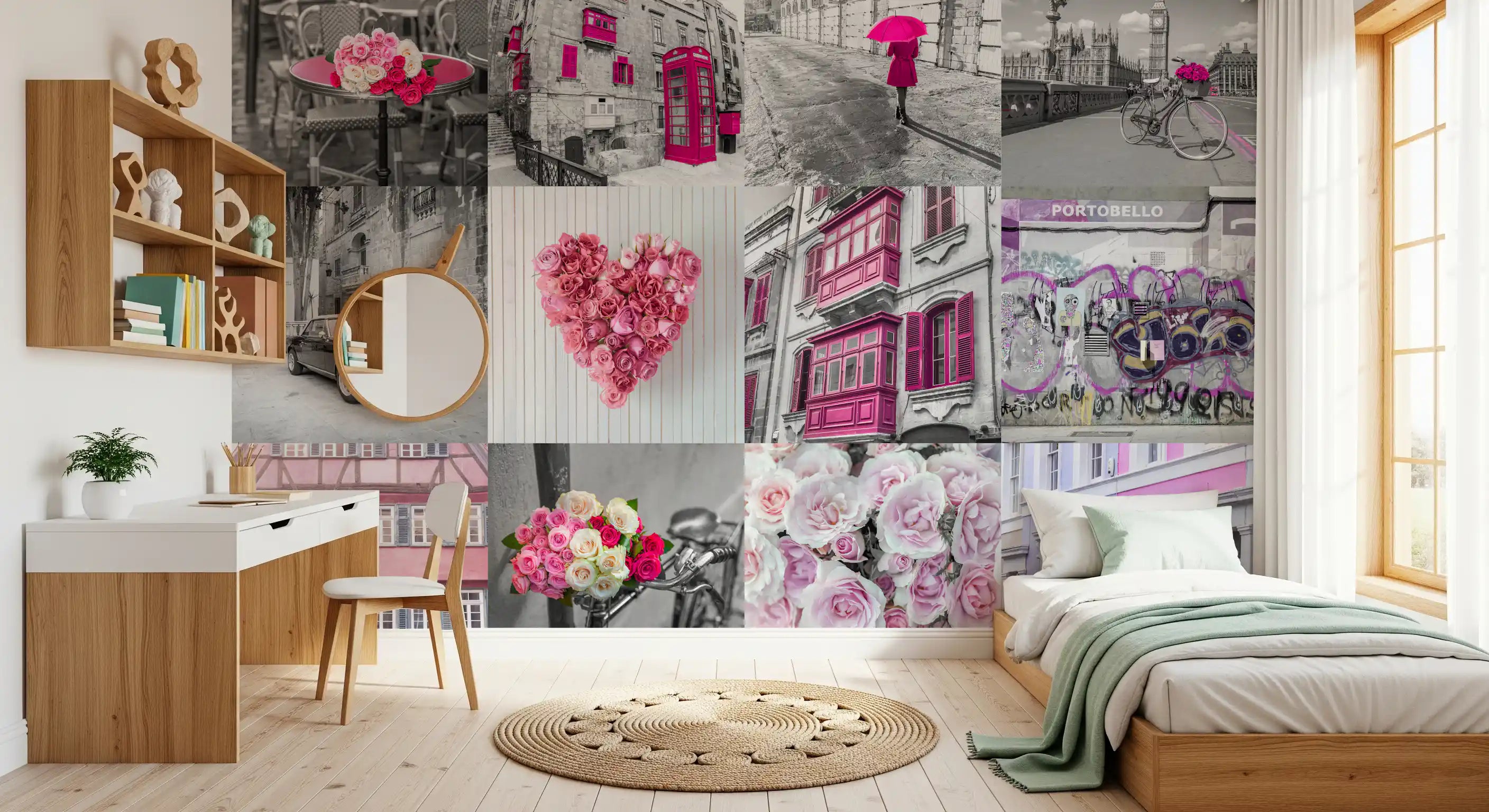 Monochrome rose cityscape fusion wall mural with pink accented tiles in bedroom GD11418