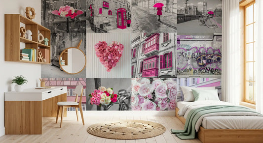 Monochrome rose cityscape fusion wall mural with pink accented tiles in bedroom GD11418
