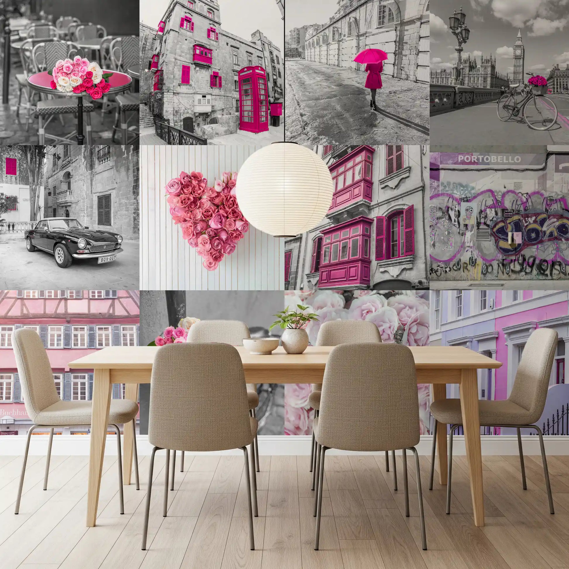 Monochrome Rose Cityscape Fusion Wall Mural