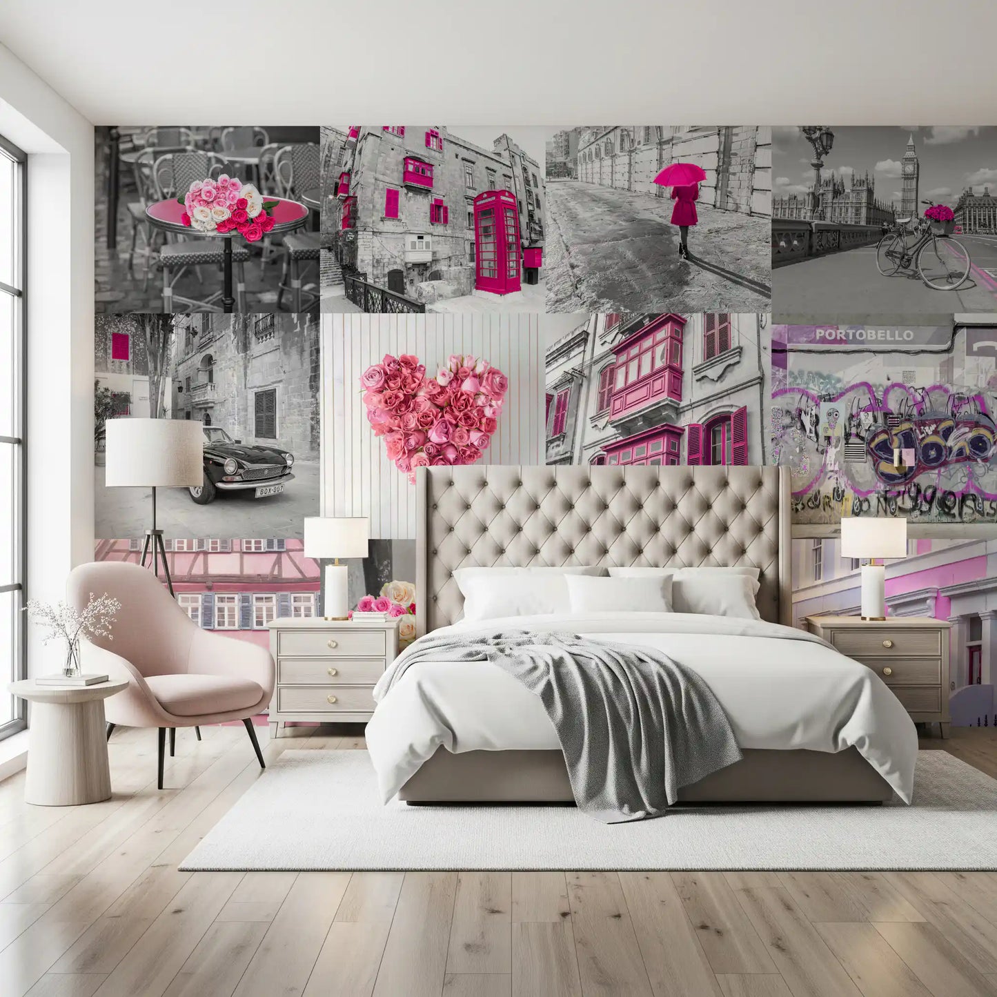 Monochrome Rose Cityscape Fusion Wall Mural