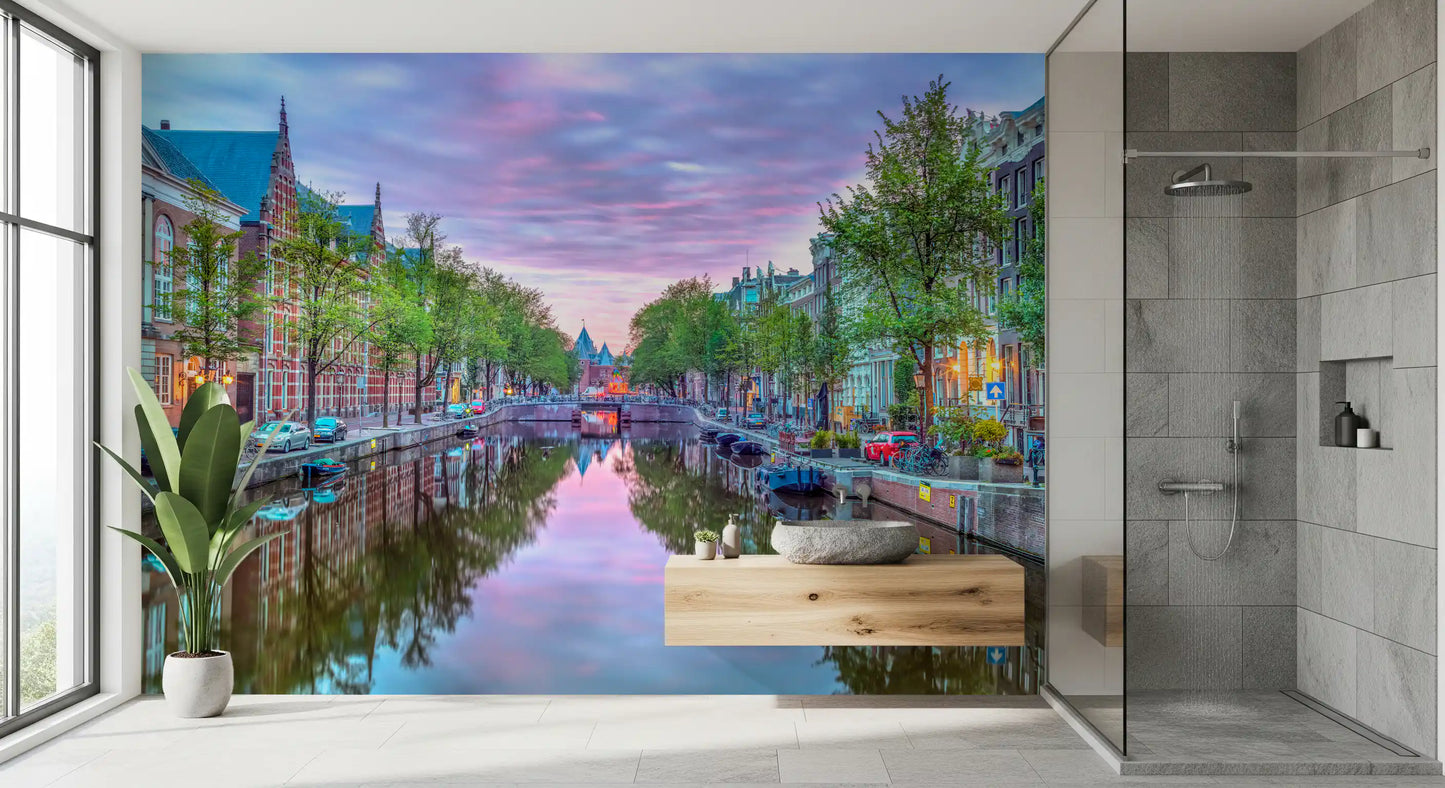 Twilight Amsterdam Canal Scene Wall Mural
