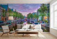 Twilight Amsterdam Canal Scene Wall Mural