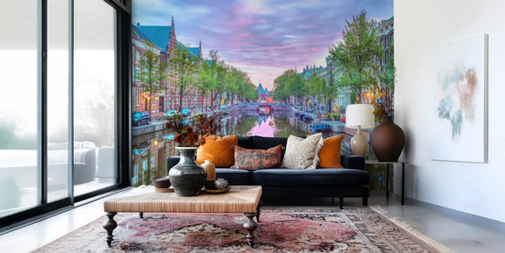 Twilight Amsterdam Canal Scene Wall Mural