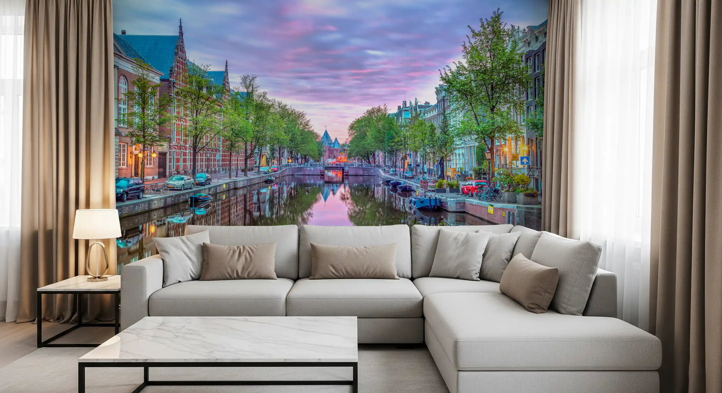 Twilight Amsterdam Canal Scene Wall Mural