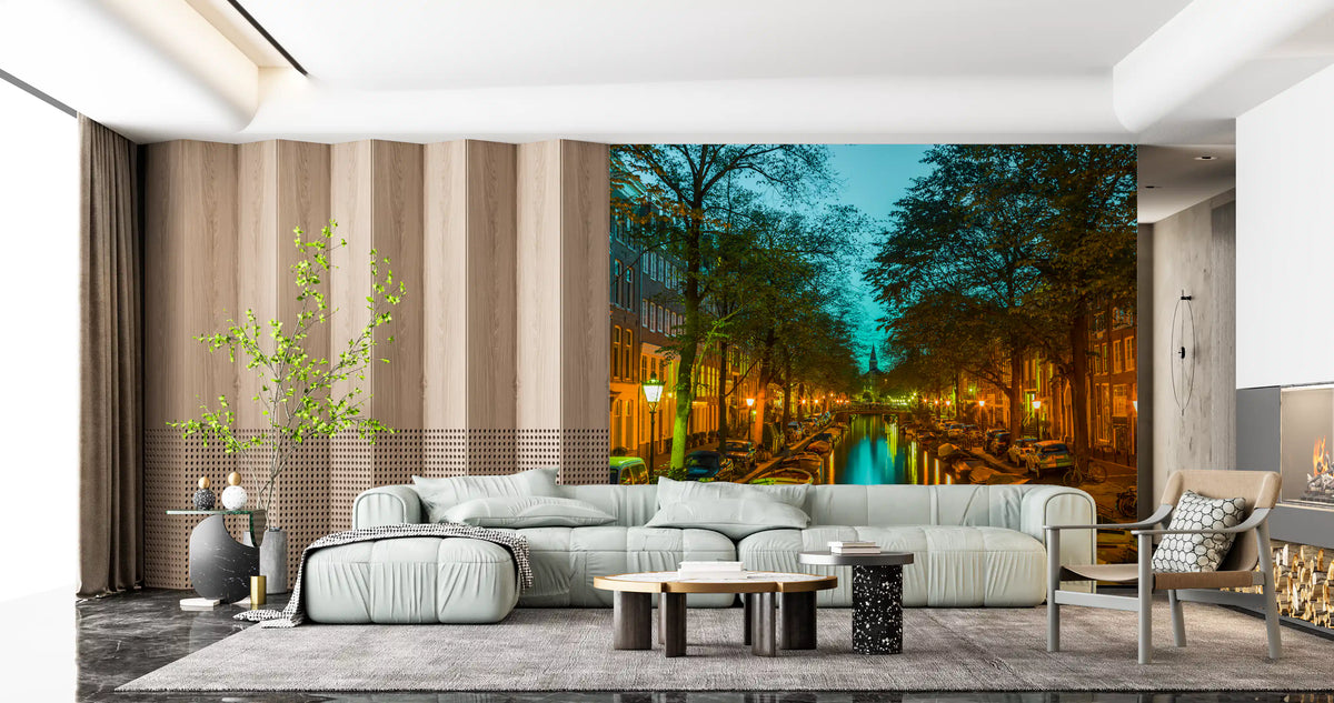 Evening canal mural with warm street lamps on dark still water in living room GD11422