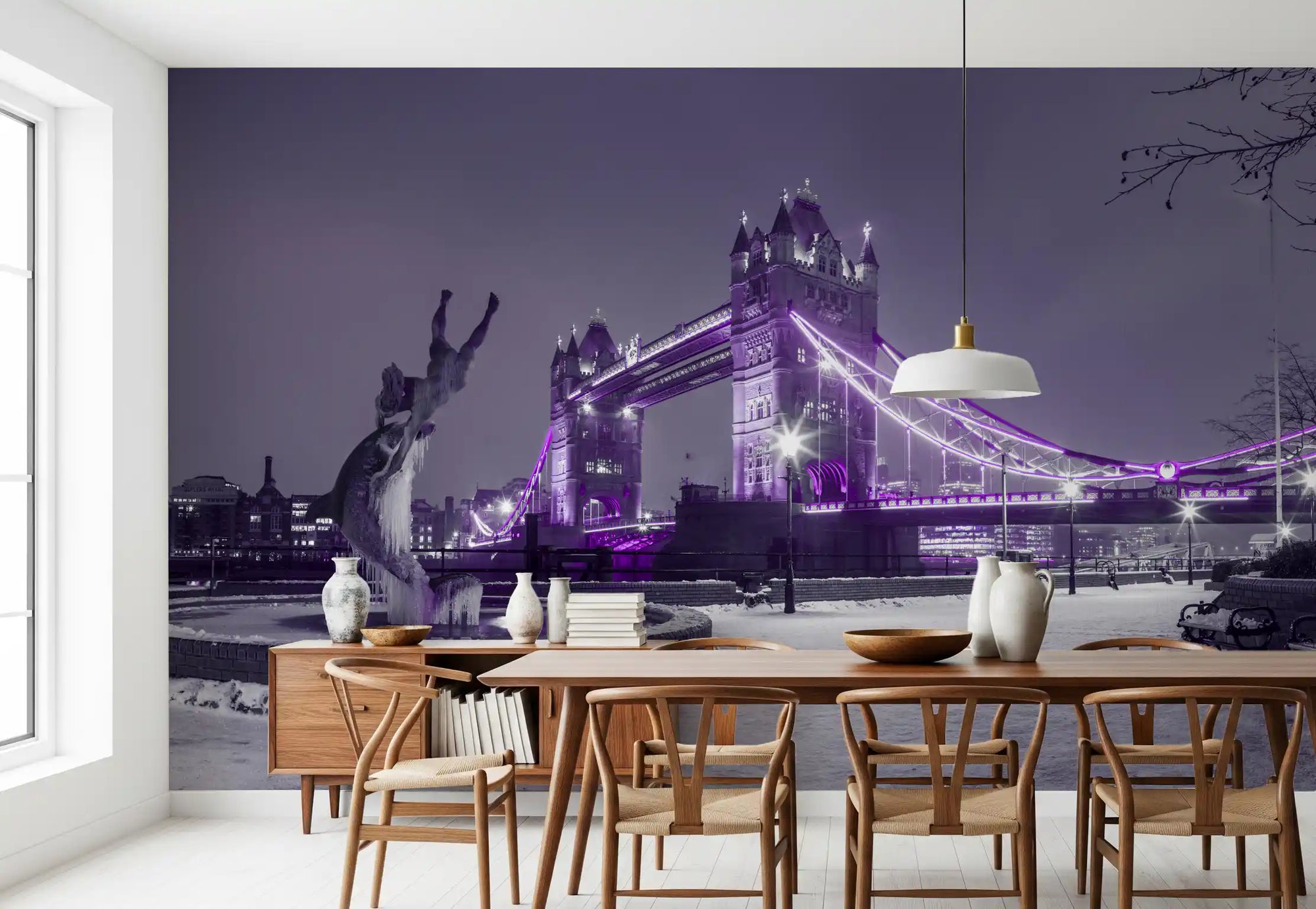 Purple twilight cityscape mural with a lit bridge across the skyline in dining room GD11428