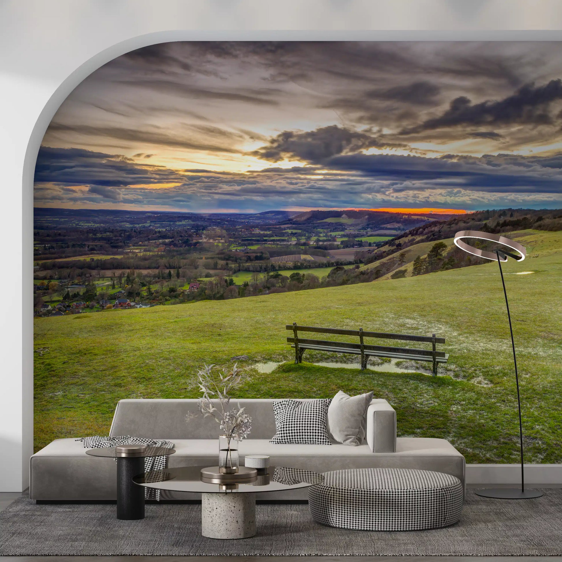 Golden Sunset Valley Bench Wall Mural