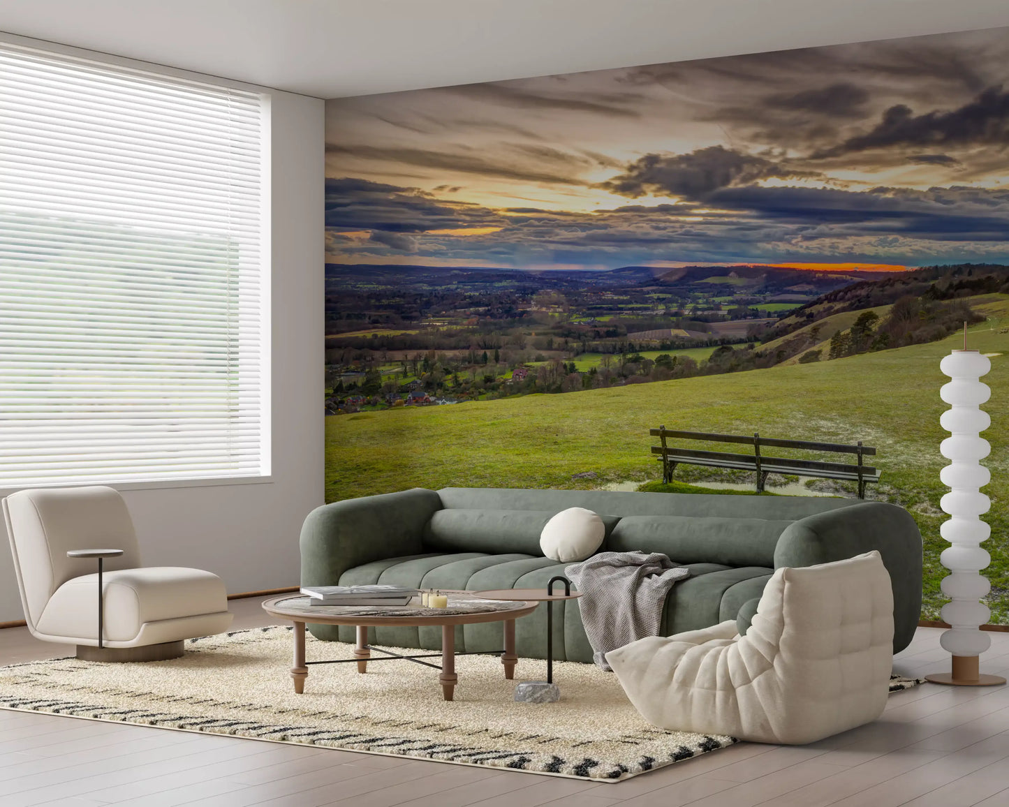 Golden Sunset Valley Bench Wall Mural