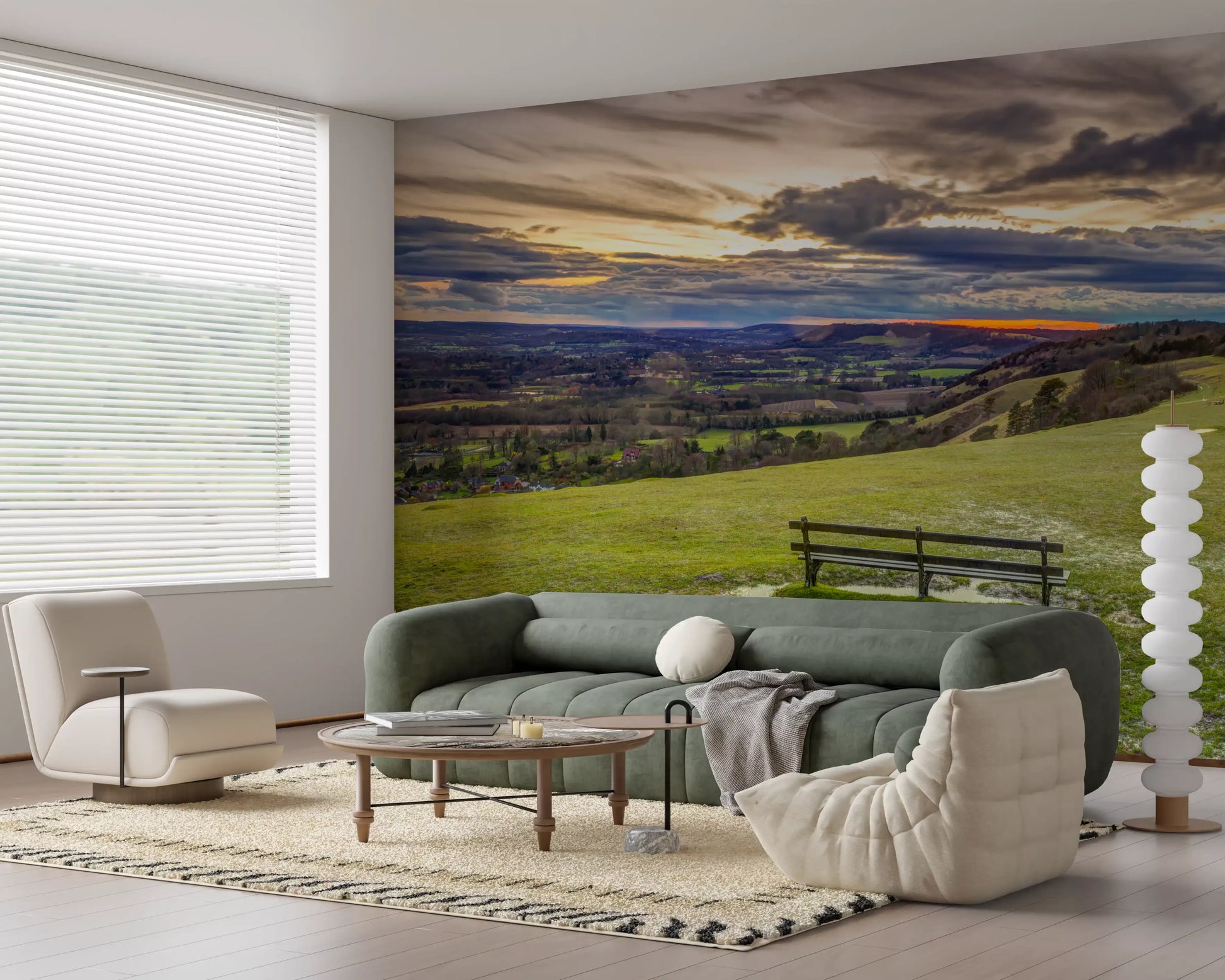 Golden Sunset Valley Bench Wall Mural