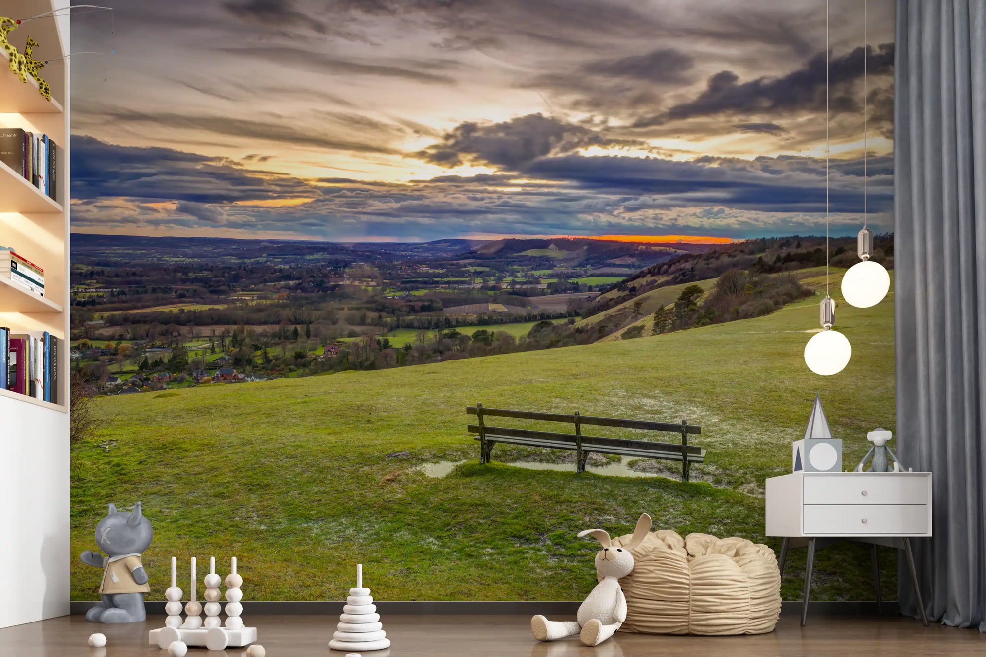 Sunset valley landscape mural with a lone bench on a green hilltop GD11429