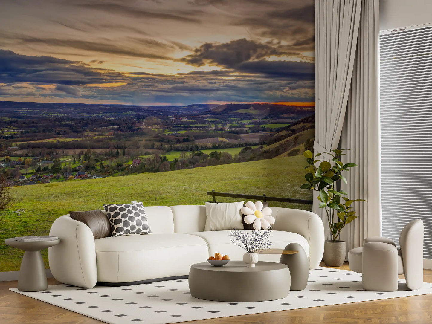 Golden Sunset Valley Bench Wall Mural