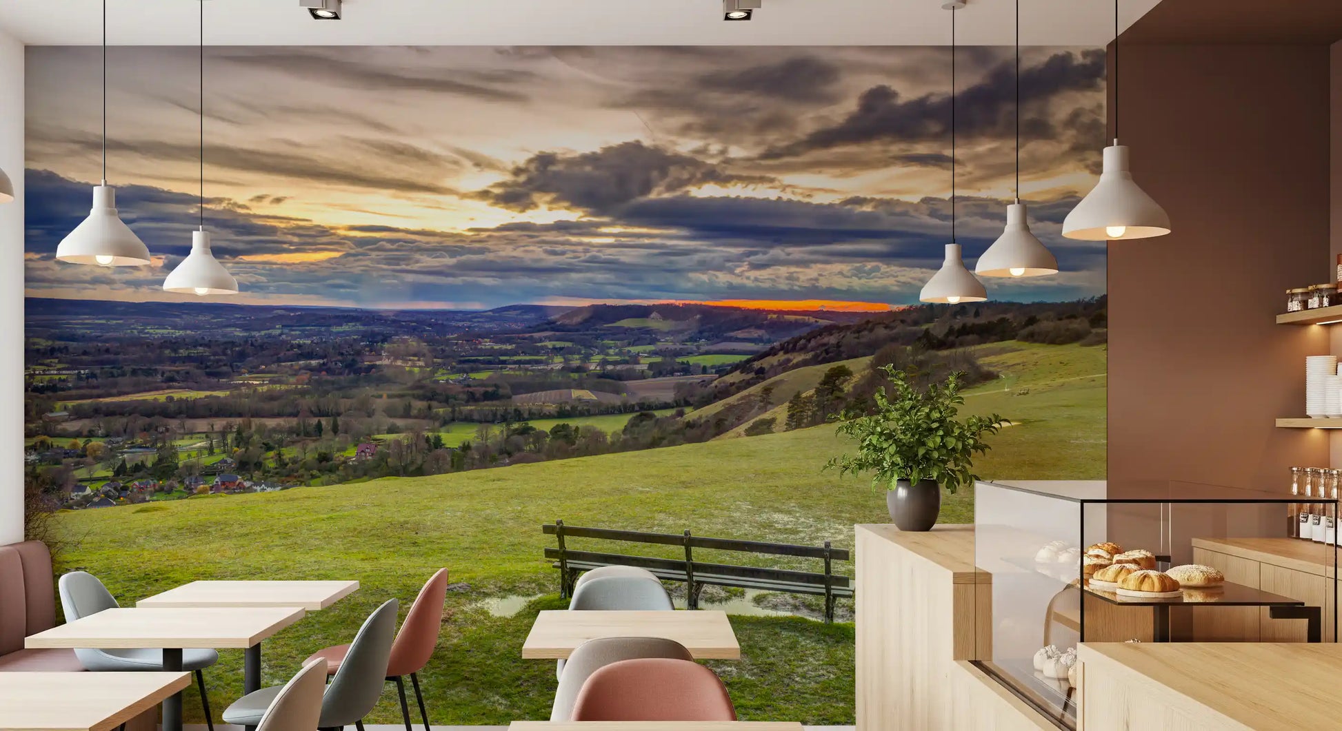 Golden Sunset Valley Bench Wall Mural