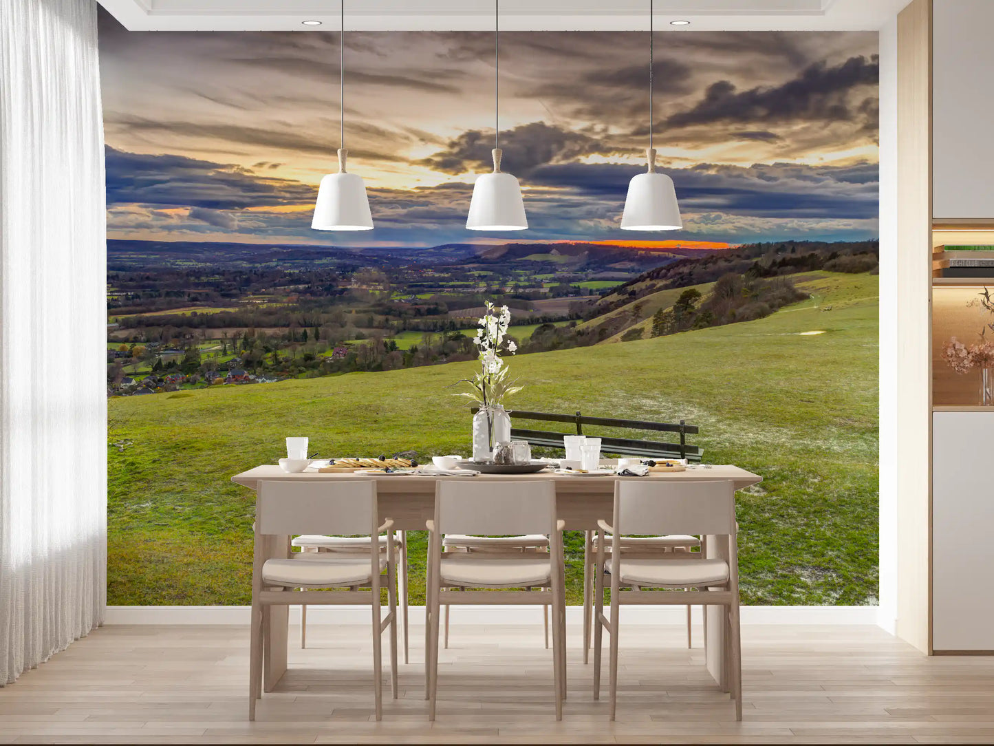 Golden Sunset Valley Bench Wall Mural