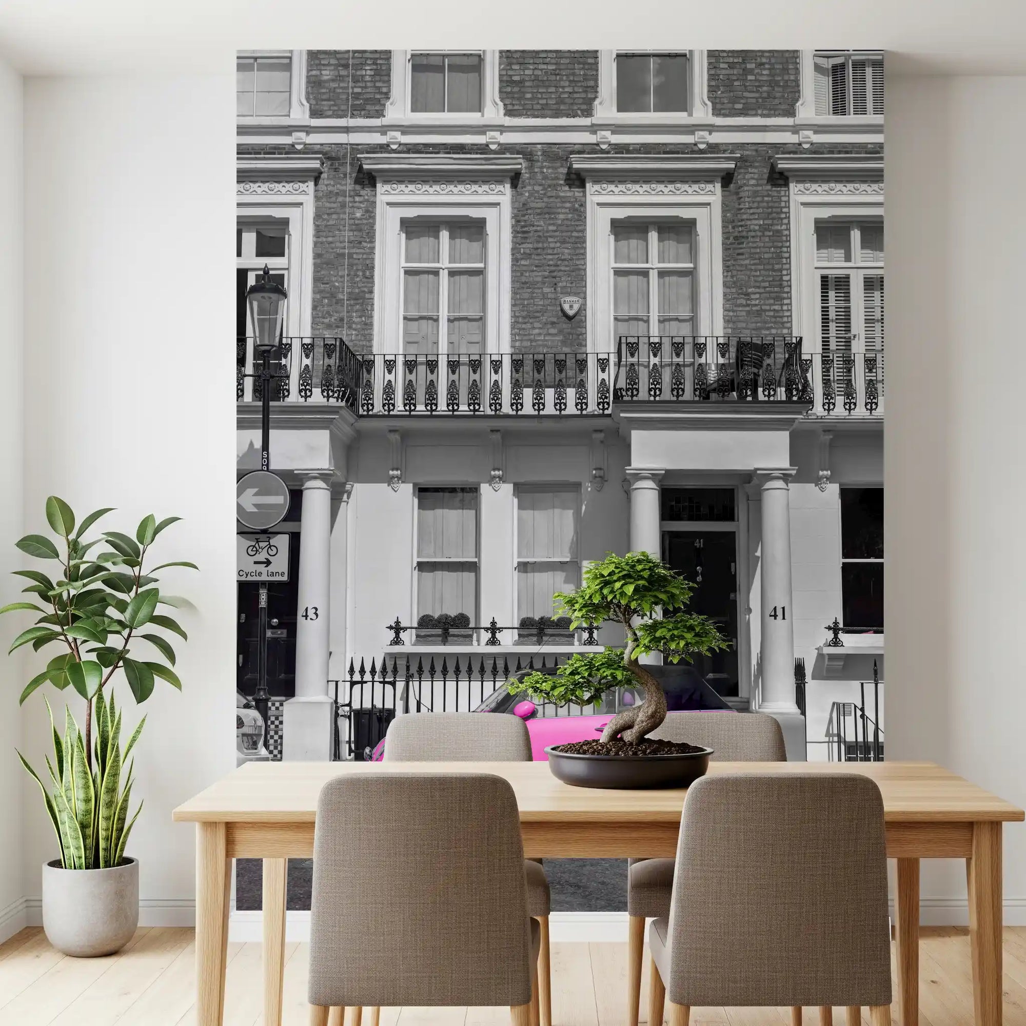 Pink pop monochrome wall mural with a bright pink car on a greyscale street GD11430