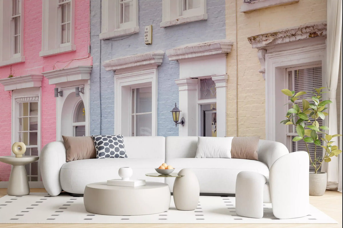 Pastel streetscape mural with terraced houses in pink, blue and yellow GD11431