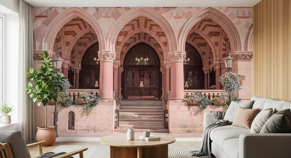 Ornate stone facade mural with three pink pointed arches and columns in living room GD11434