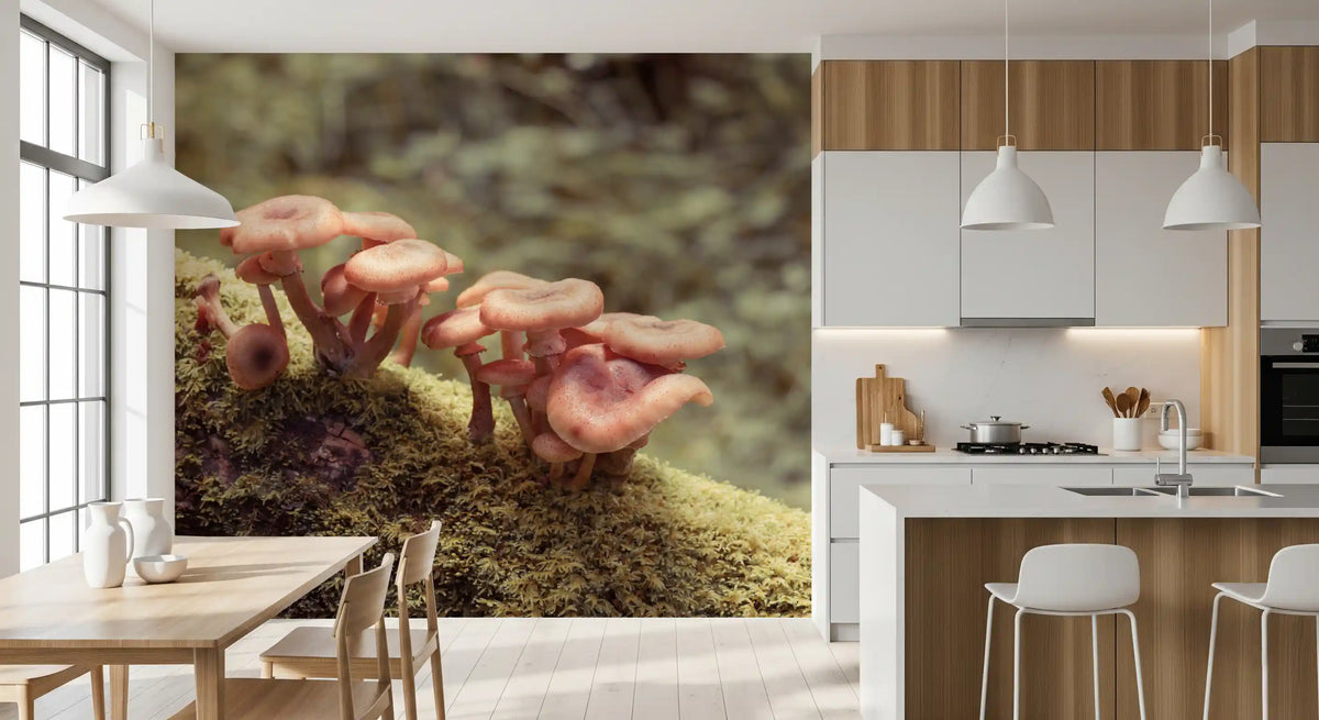 Wall mural with clustered woodland mushrooms on a soft green mossy log GD11438