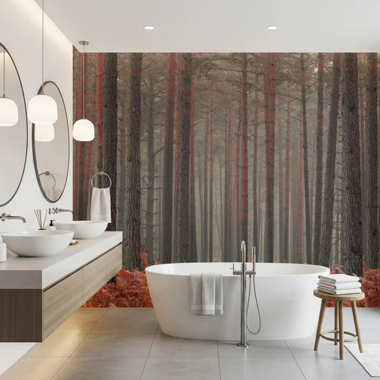 Wall mural with tall misty pine trunks above a band of coppery ferns GD11438
